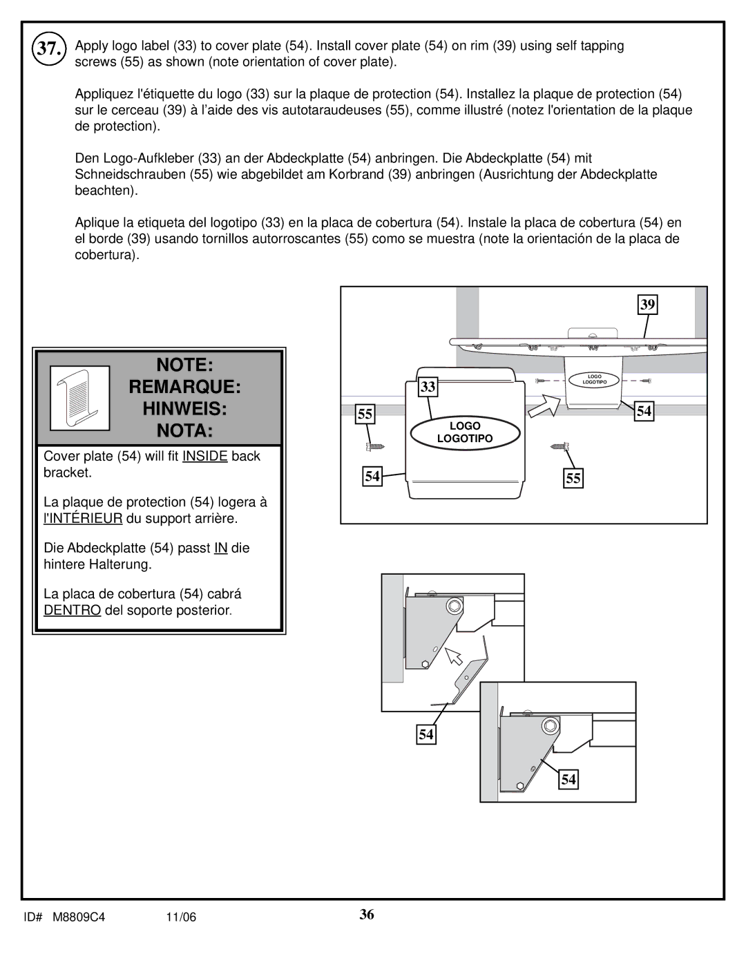 Spalding M8809C4 manual Remarque 