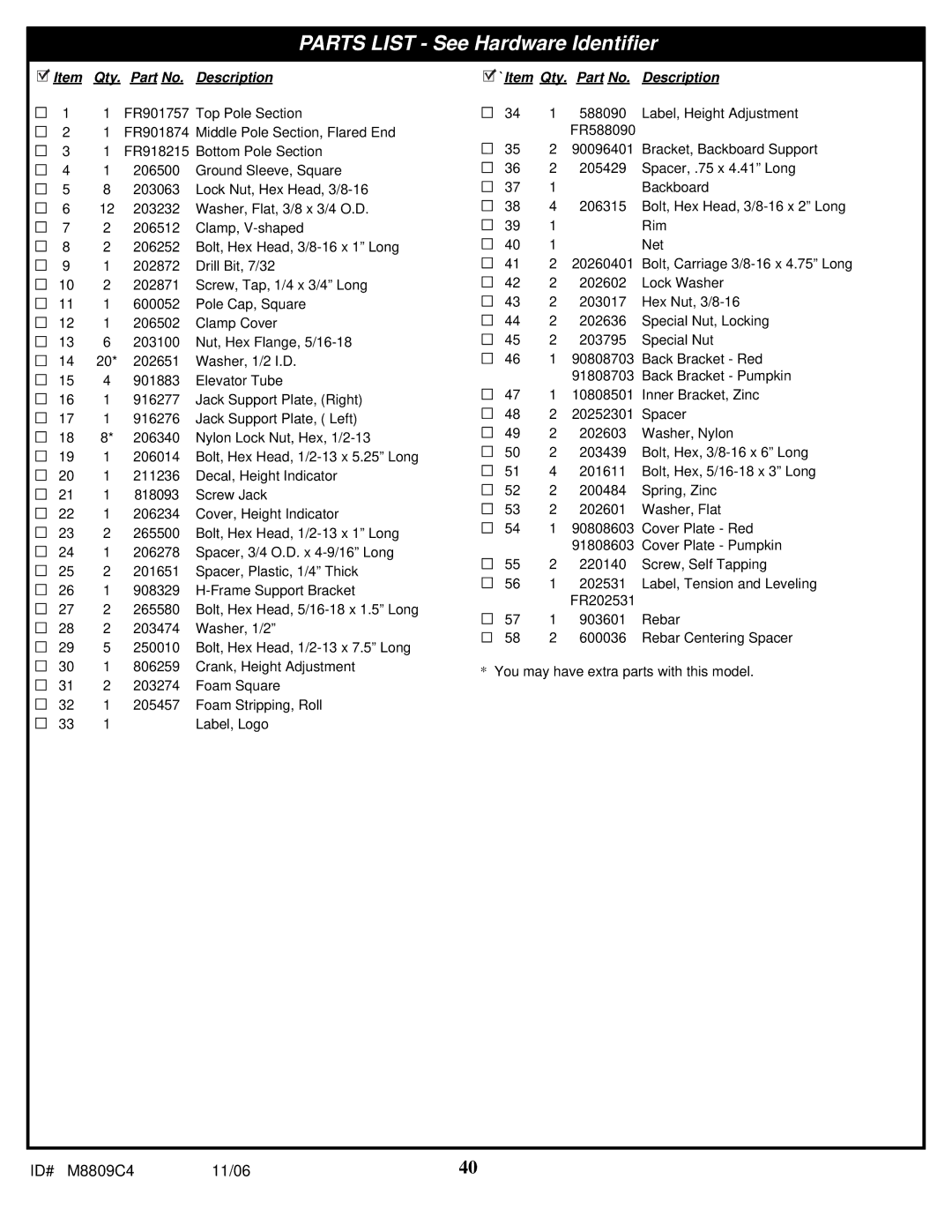 Spalding M8809C4 manual Parts List See Hardware Identifier 