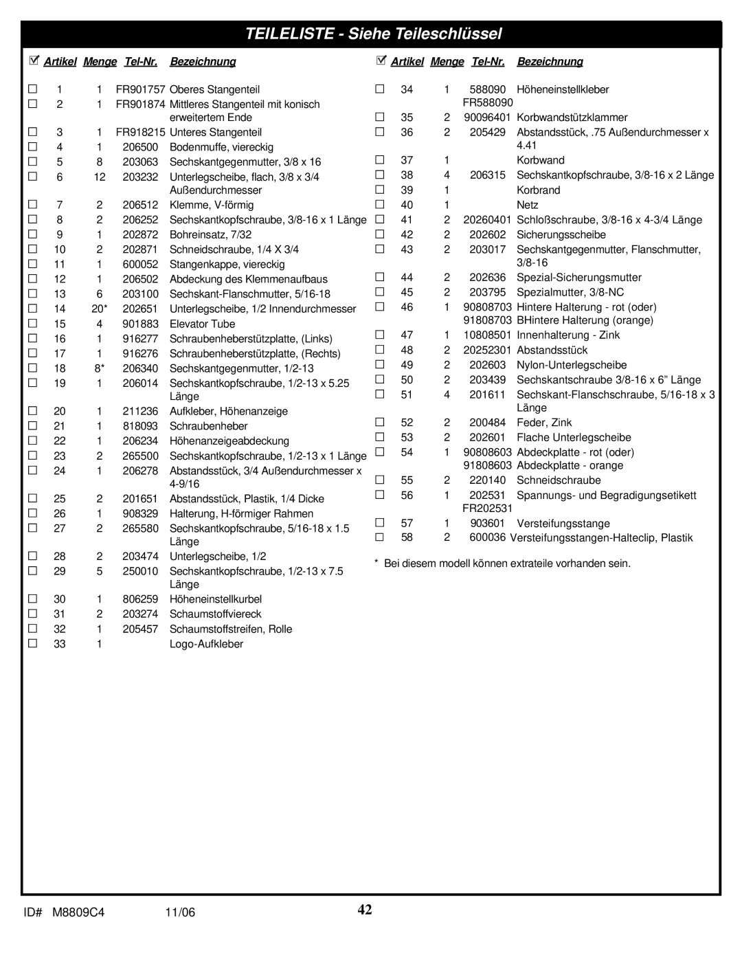 Spalding M8809C4 manual Teileliste Siehe Teileschlüssel 