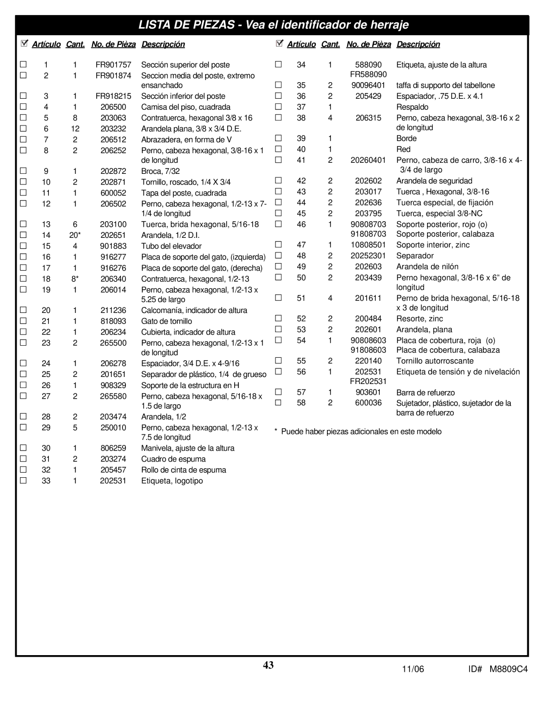 Spalding M8809C4 manual Lista DE Piezas Vea el identificador de herraje 