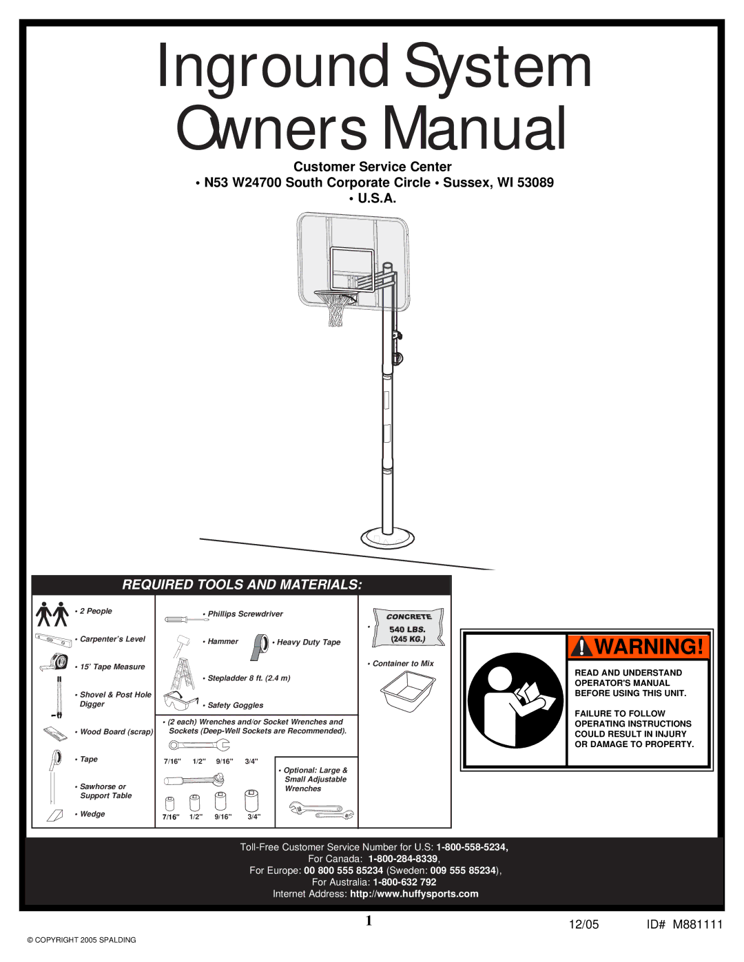 Spalding M881119, M881117, M881115, M881111, M881113 manual Required Tools and Materials 