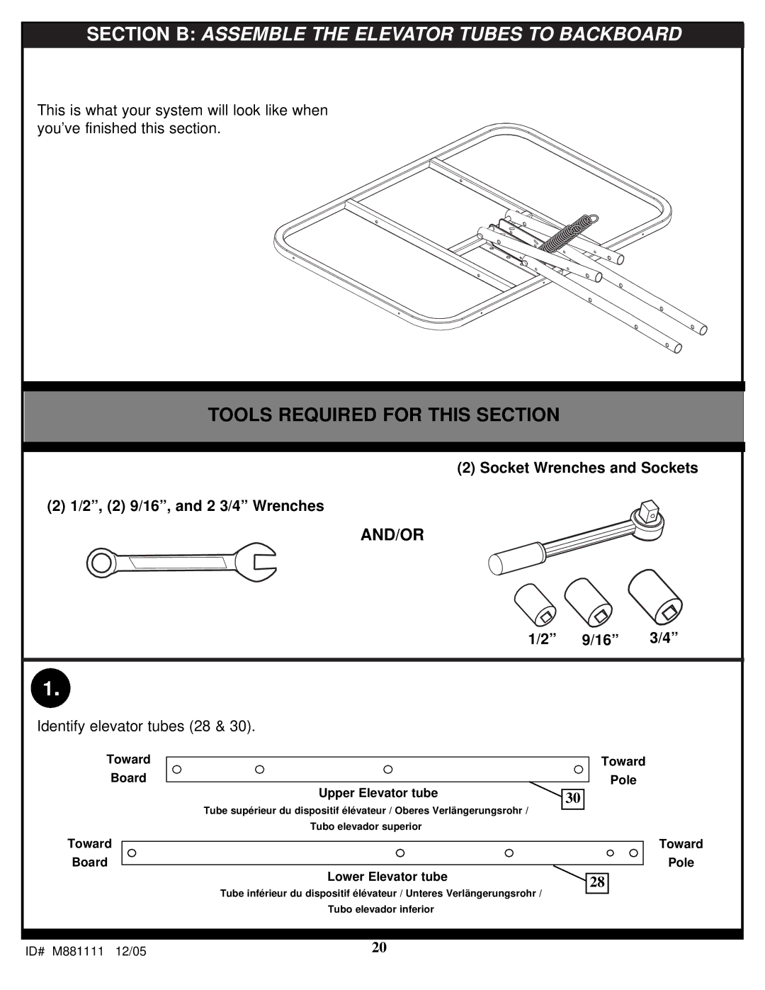 Spalding M881117, M881119, M881115, M881111, M881113 manual Section B Assemble the Elevator Tubes to Backboard 