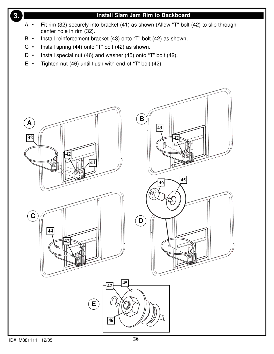 Spalding M881119, M881117, M881115, M881111, M881113 manual Install Slam Jam Rim to Backboard 