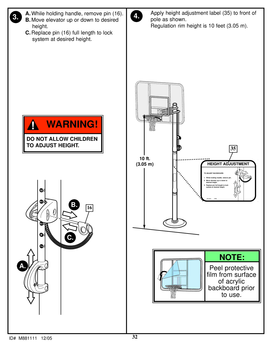 Spalding M881115, M881117, M881119, M881111, M881113 manual Do not Allow Children To Adjust Height 