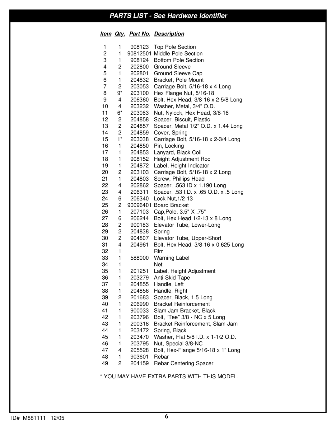 Spalding M881119, M881117, M881115, M881111, M881113 manual Parts List See Hardware Identifier 