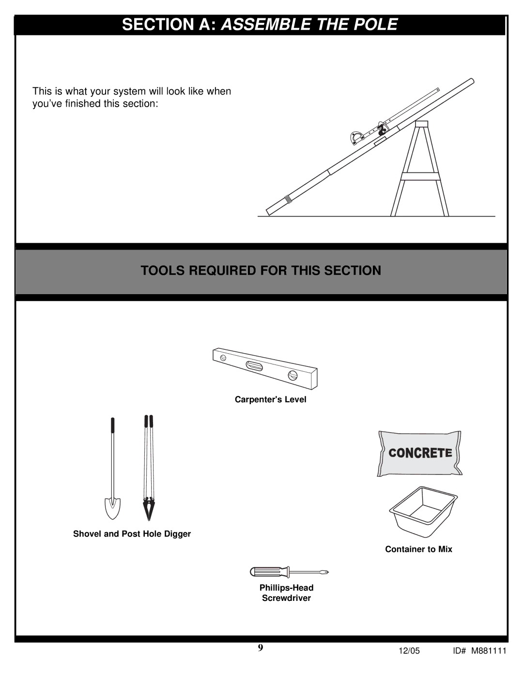 Spalding M881113, M881117, M881119, M881115, M881111 manual Section a Assemble the Pole 