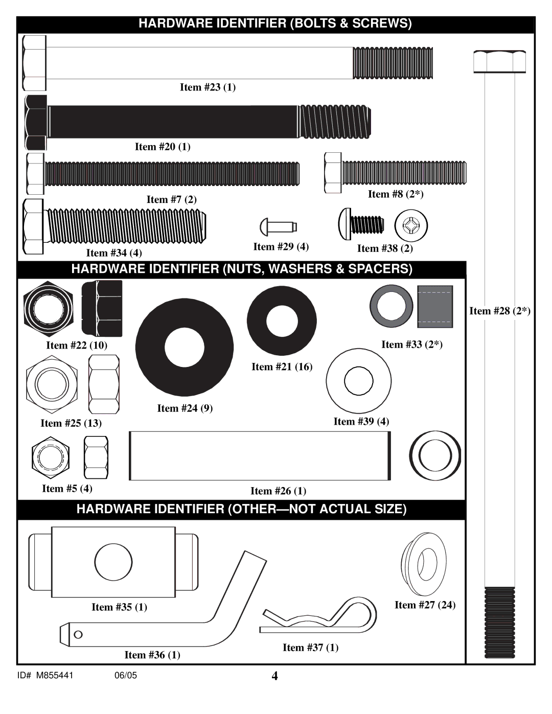 Spalding M8860411 manual Hardware Identifier Bolts & Screws 