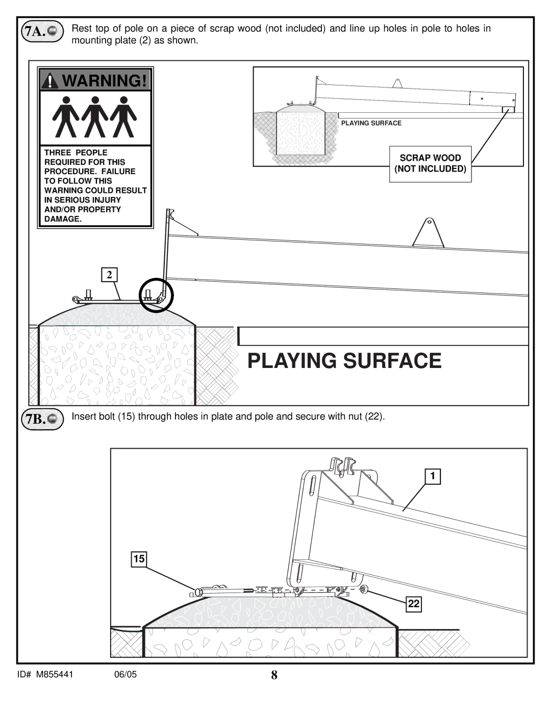 Spalding M8860411 manual Playing Surface, Mounting plate 2 as shown 