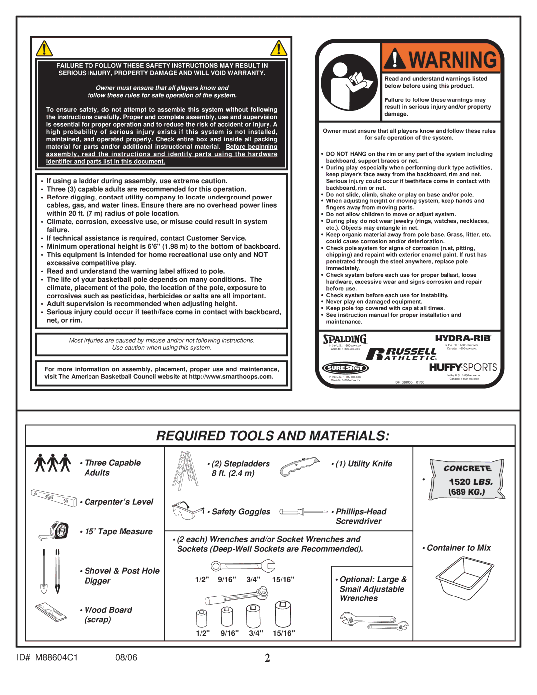 Spalding M88604C1 manual Required Tools and Materials 