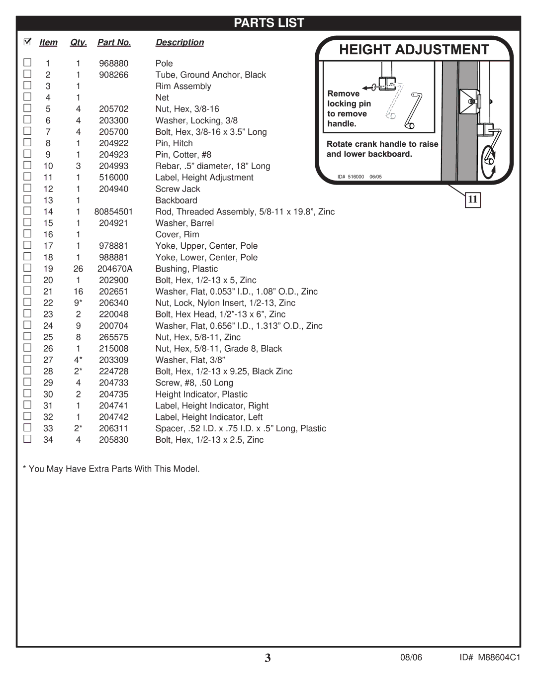 Spalding M88604C1 manual Parts List 