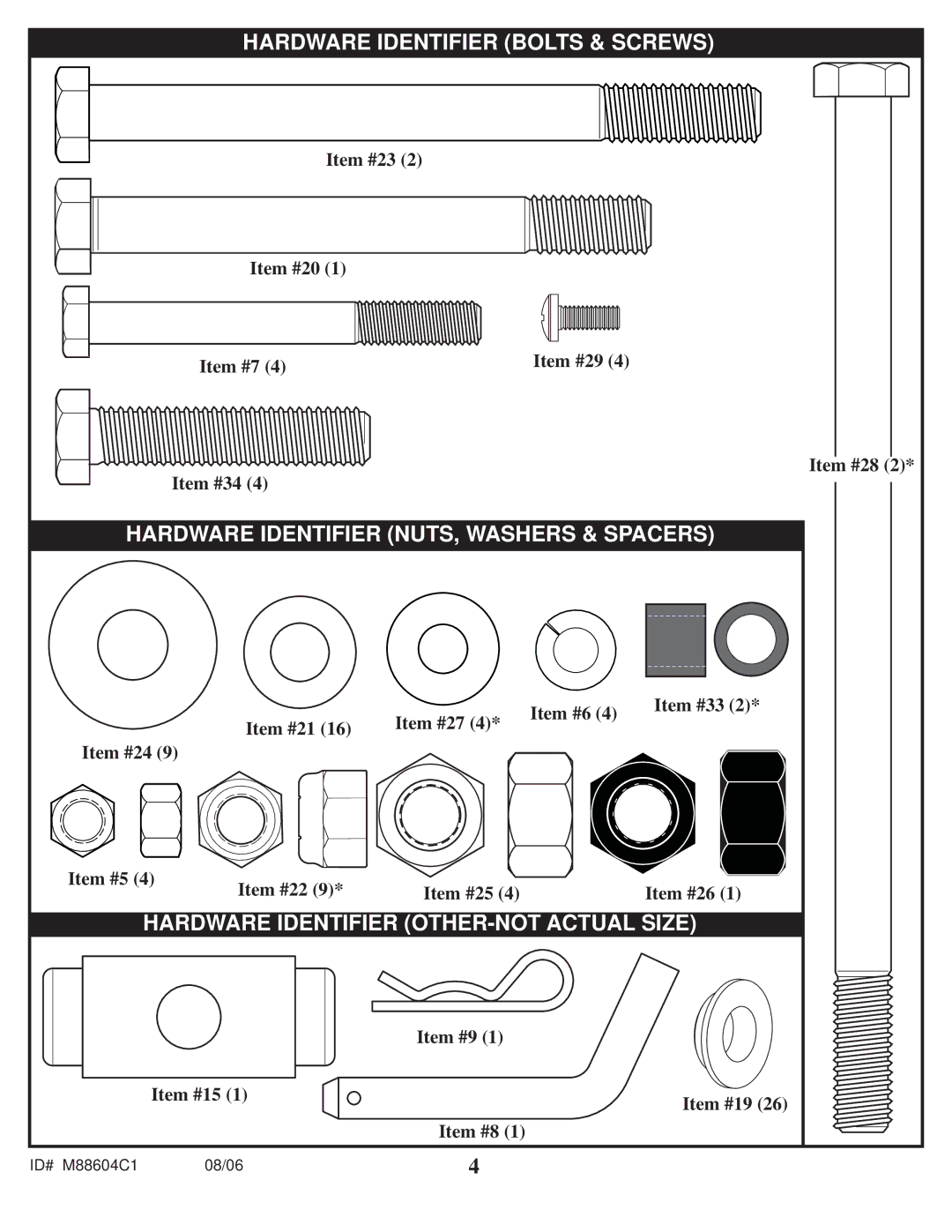 Spalding M88604C1 manual Hardware Identifier Bolts & Screws 