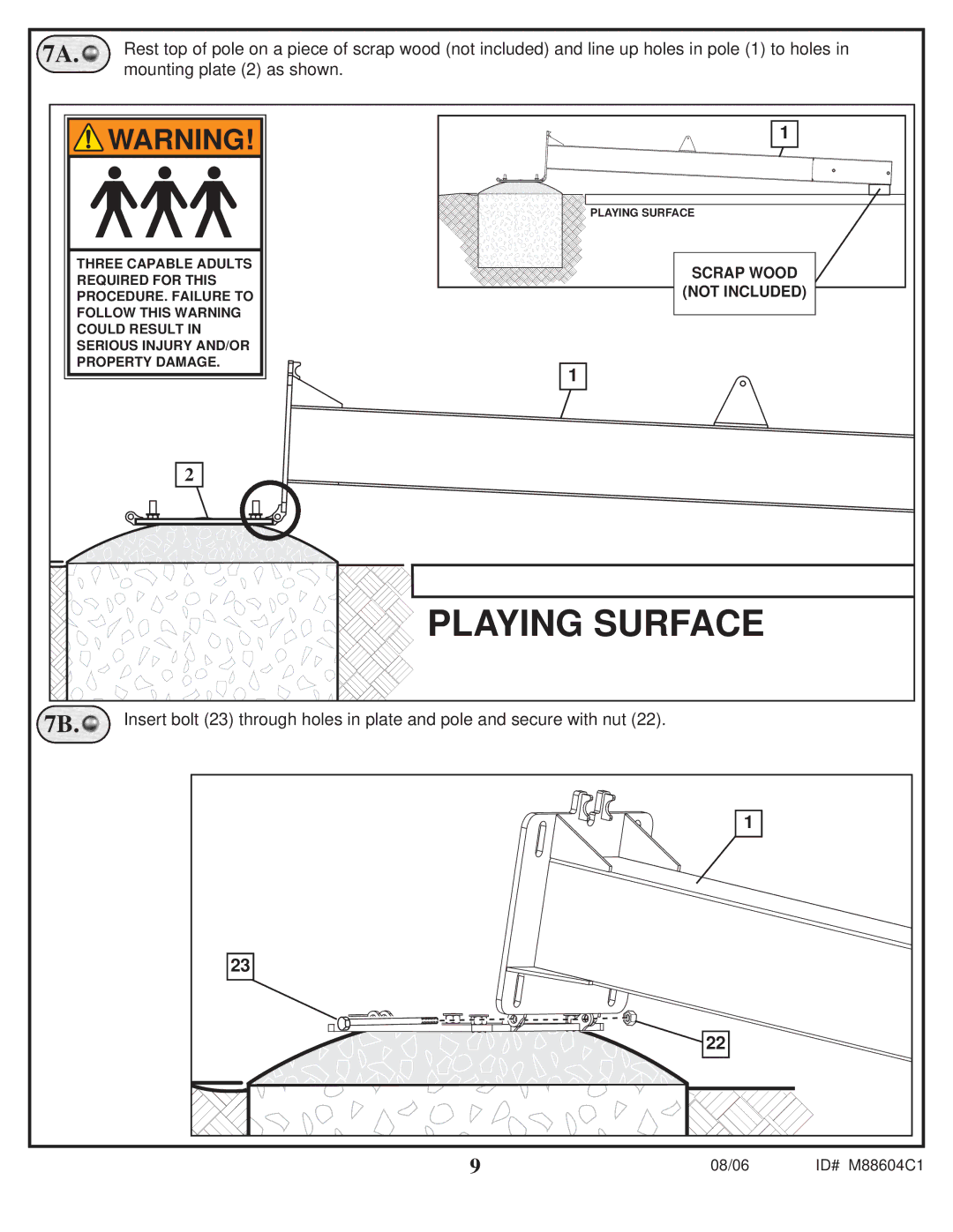 Spalding M88604C1 manual Playing Surface, Mounting plate 2 as shown 