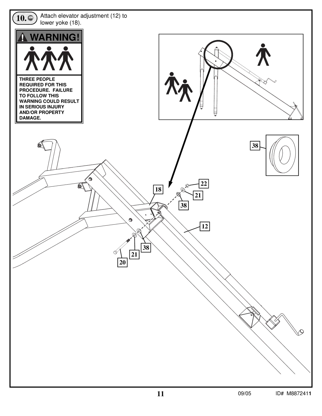 Spalding M8872411 manual Attach elevator adjustment 12 to, Lower yoke 