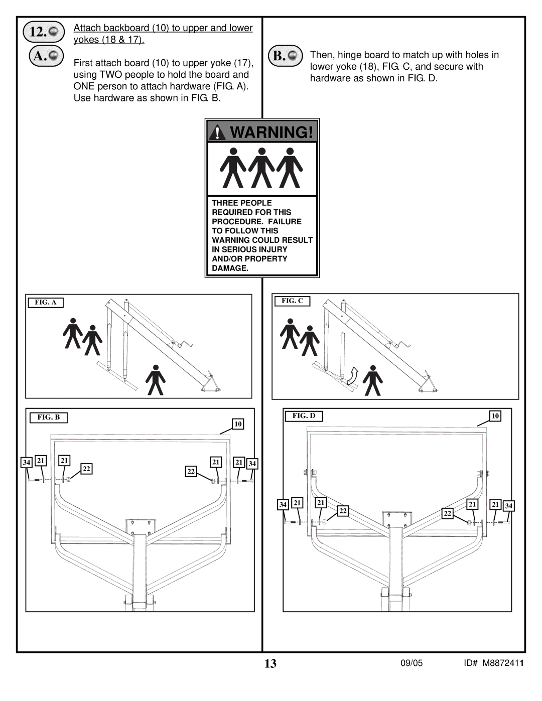 Spalding M8872411 manual Attach backboard 10 to upper and lower, Yokes 18, First attach board 10 to upper yoke 