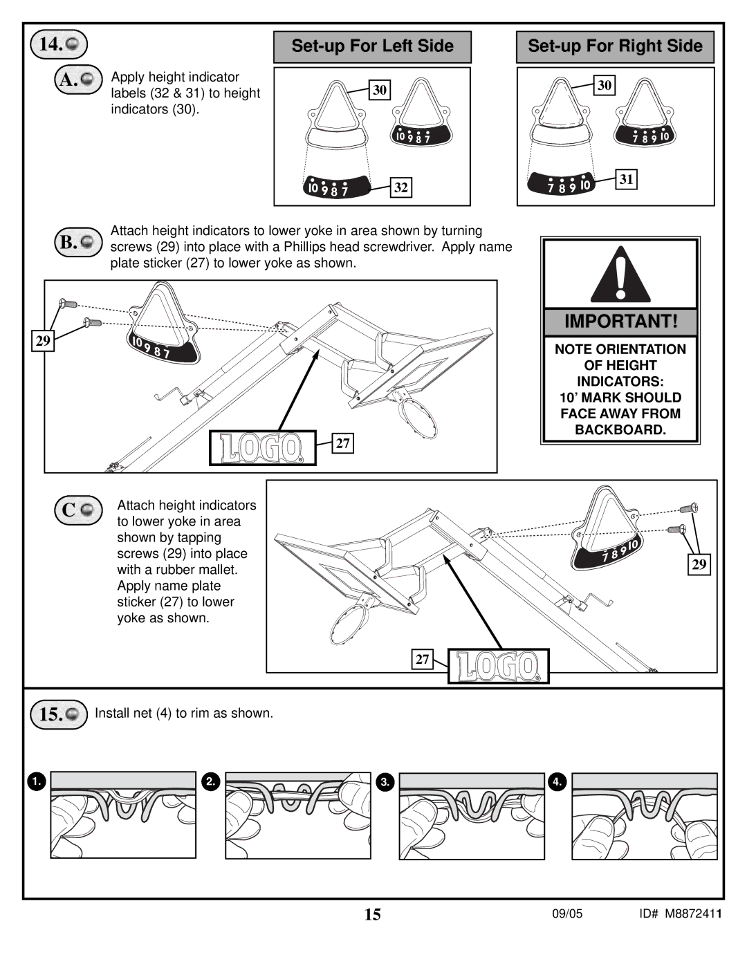 Spalding M8872411 Apply height indicator labels 32 & 31 to height indicators, Attach height indicators, Shown by tapping 