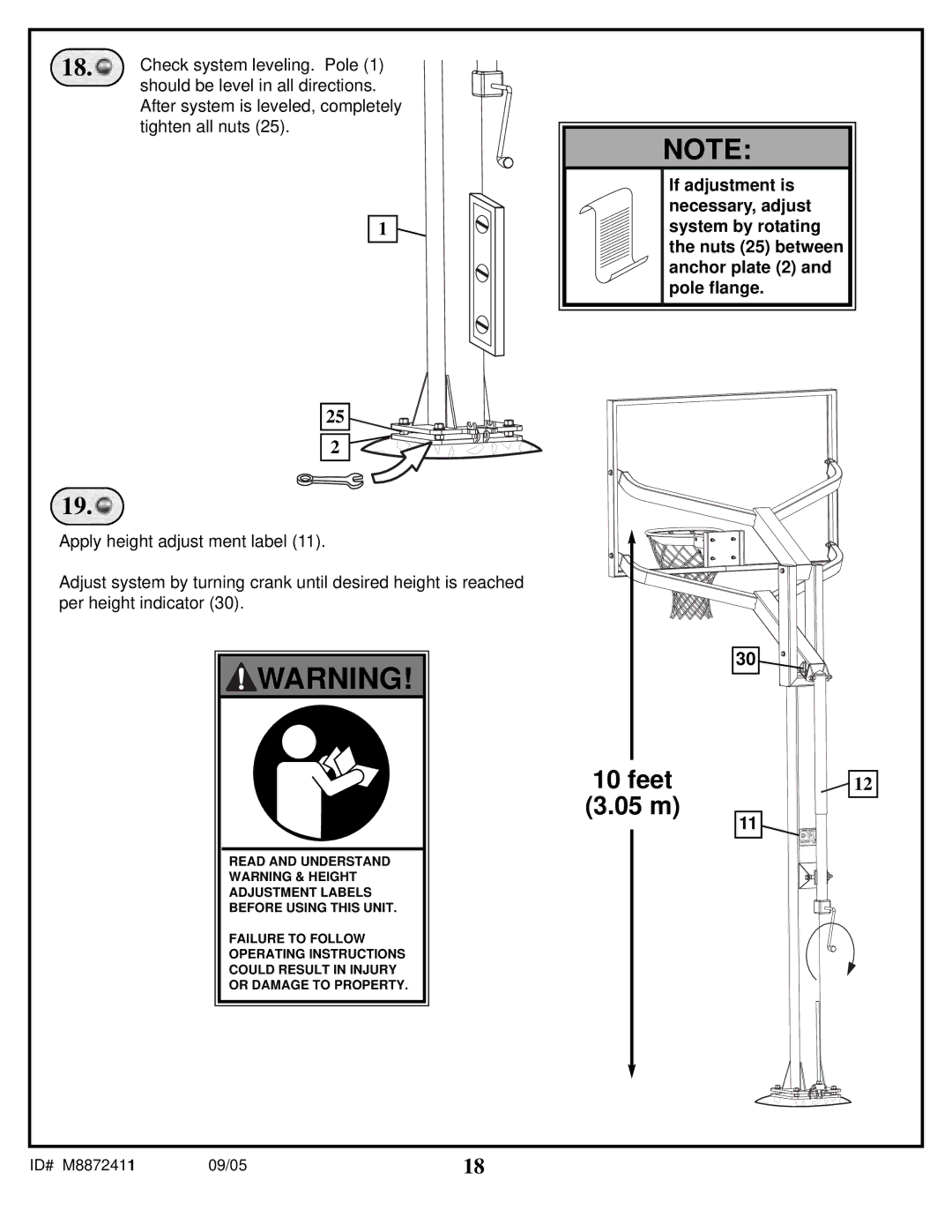 Spalding M8872411 manual Check system leveling. Pole, Should be level in all directions 