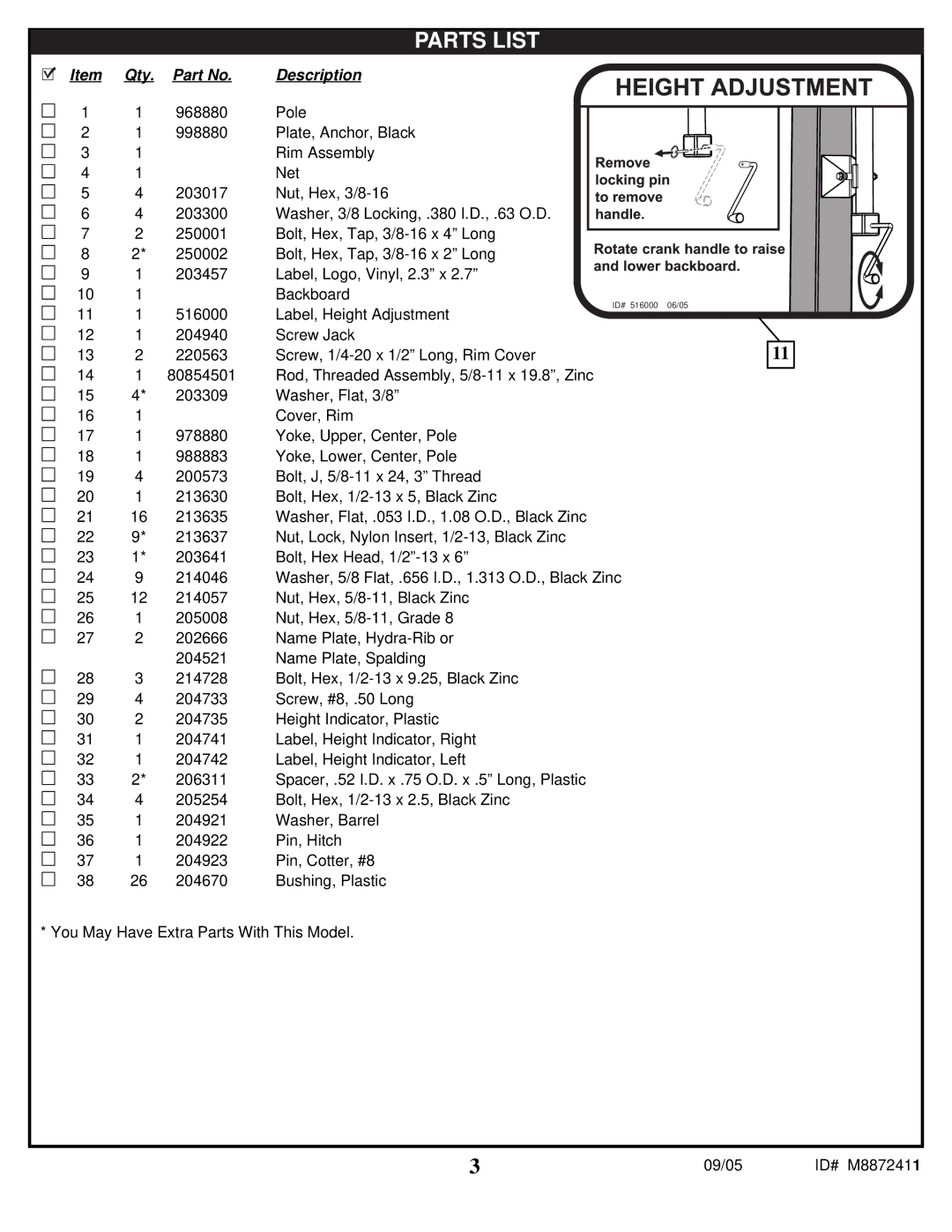 Spalding M8872411 manual Parts List 