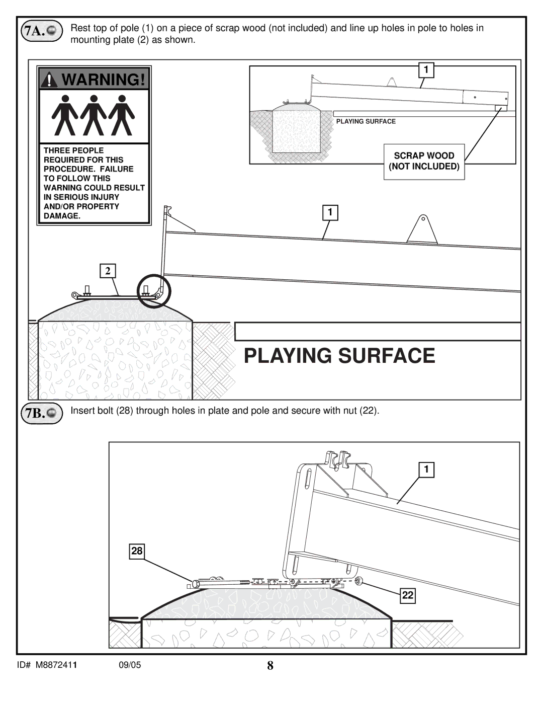 Spalding M8872411 manual Playing Surface, Mounting plate 2 as shown 