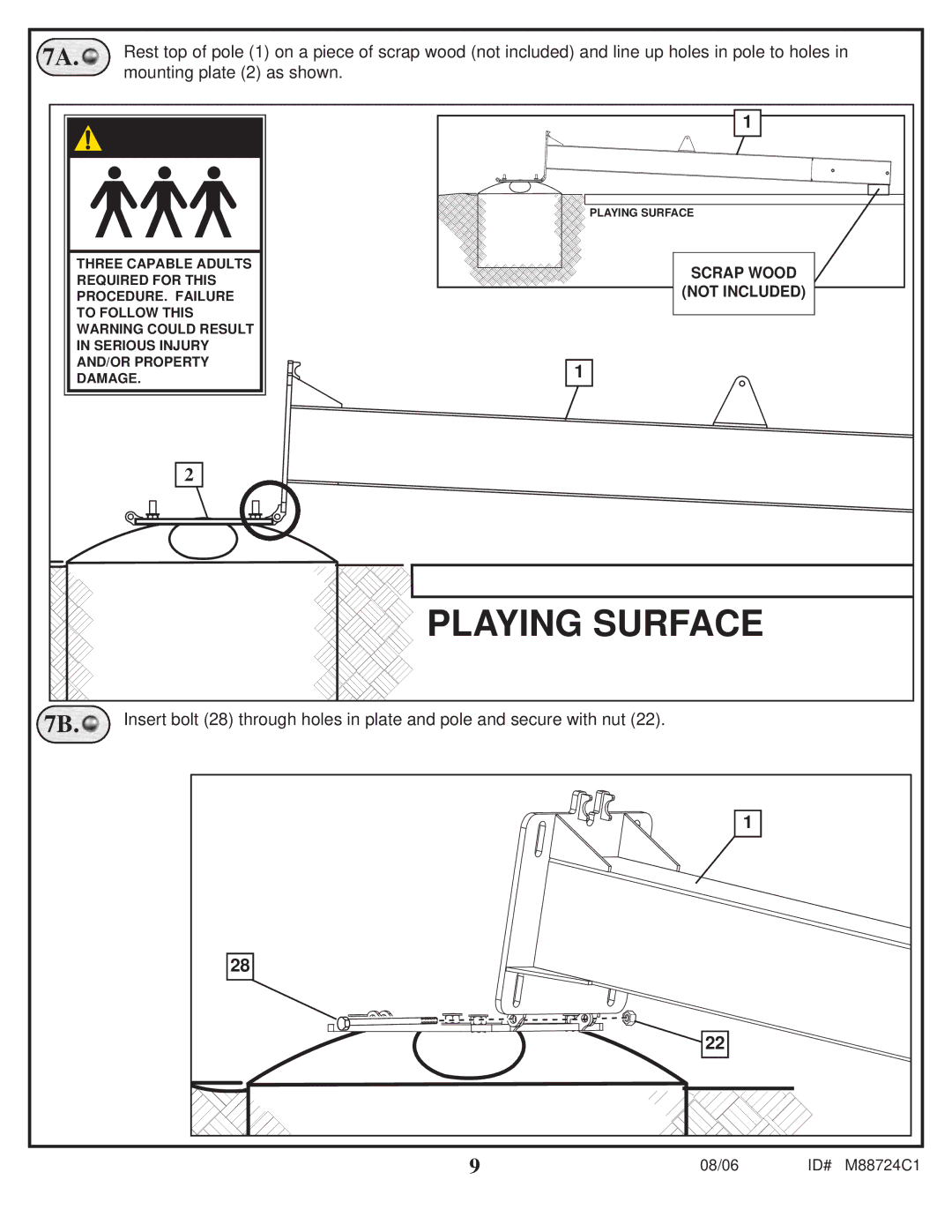 Spalding M88724C1 manual Playing Surface, Mounting plate 2 as shown 