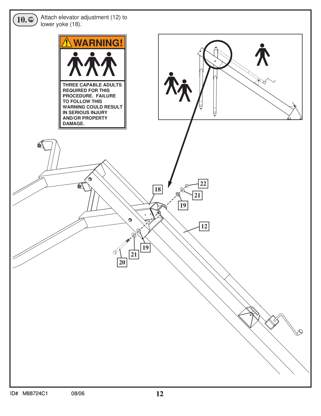 Spalding manual Attach elevator adjustment 12 to, lower yoke, ID# M88724C1, 08/06, Damage 