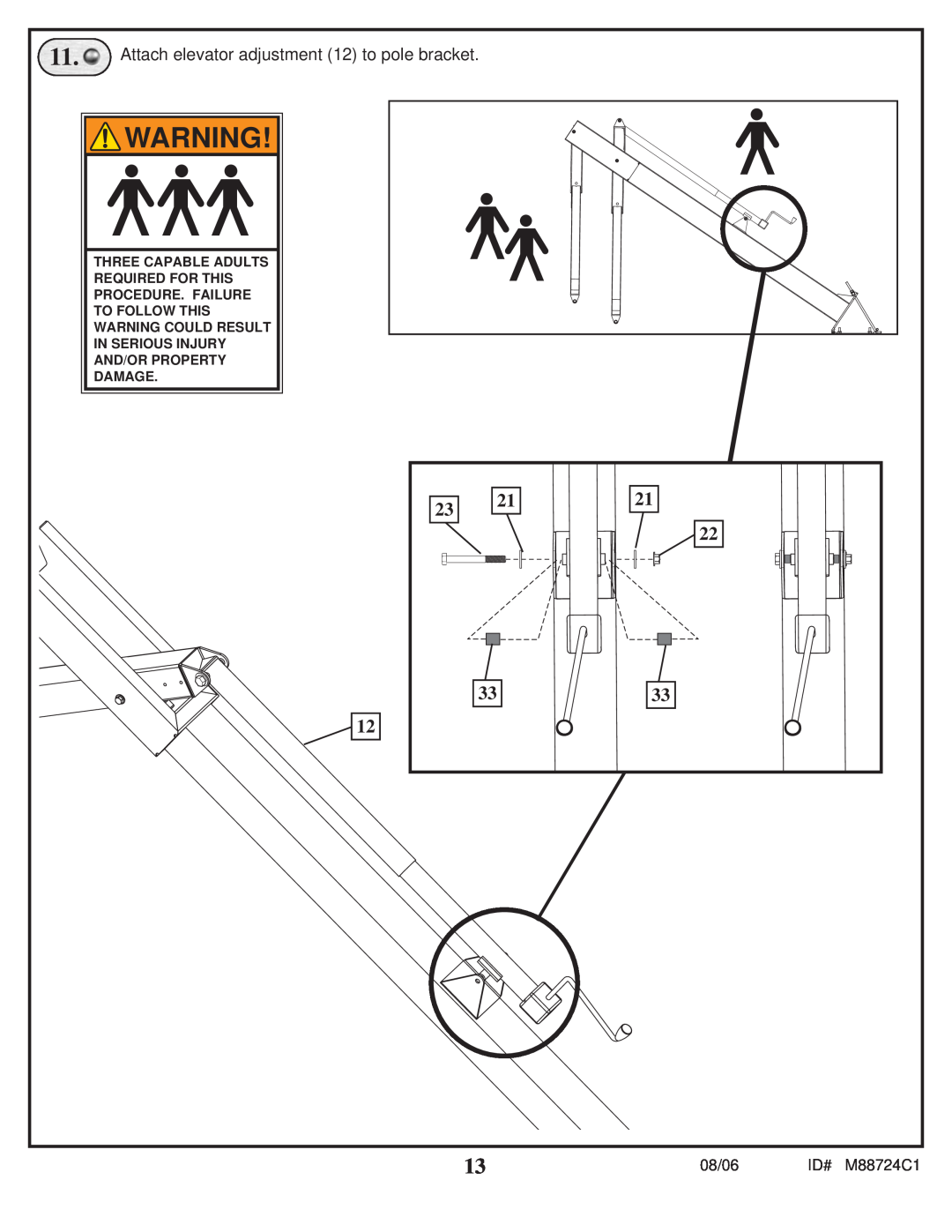 Spalding manual Attach elevator adjustment 12 to pole bracket, 08/06, ID# M88724C1, Damage 