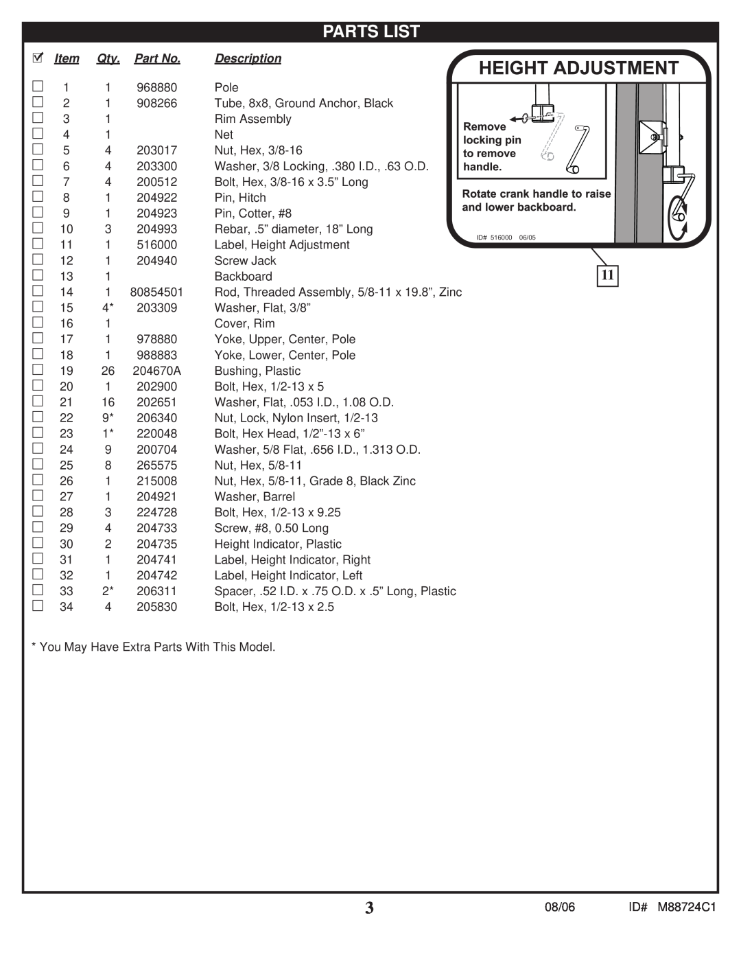 Spalding M88724C1 manual Parts List, Description 