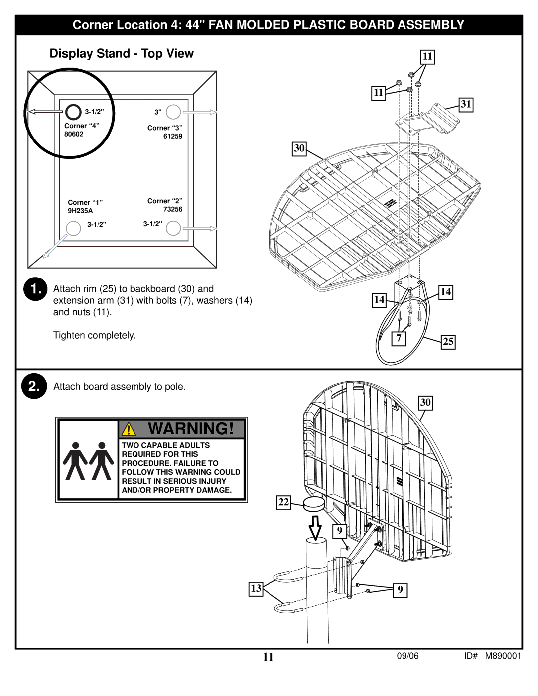 Spalding M890001 manual Corner Location 4 44 FAN Molded Plastic Board Assembly 