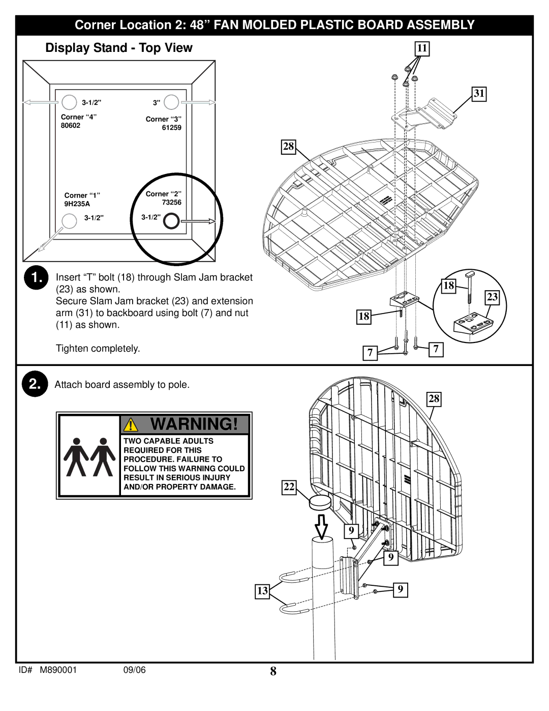 Spalding M890001 manual Corner Location 2 48 FAN Molded Plastic Board Assembly 