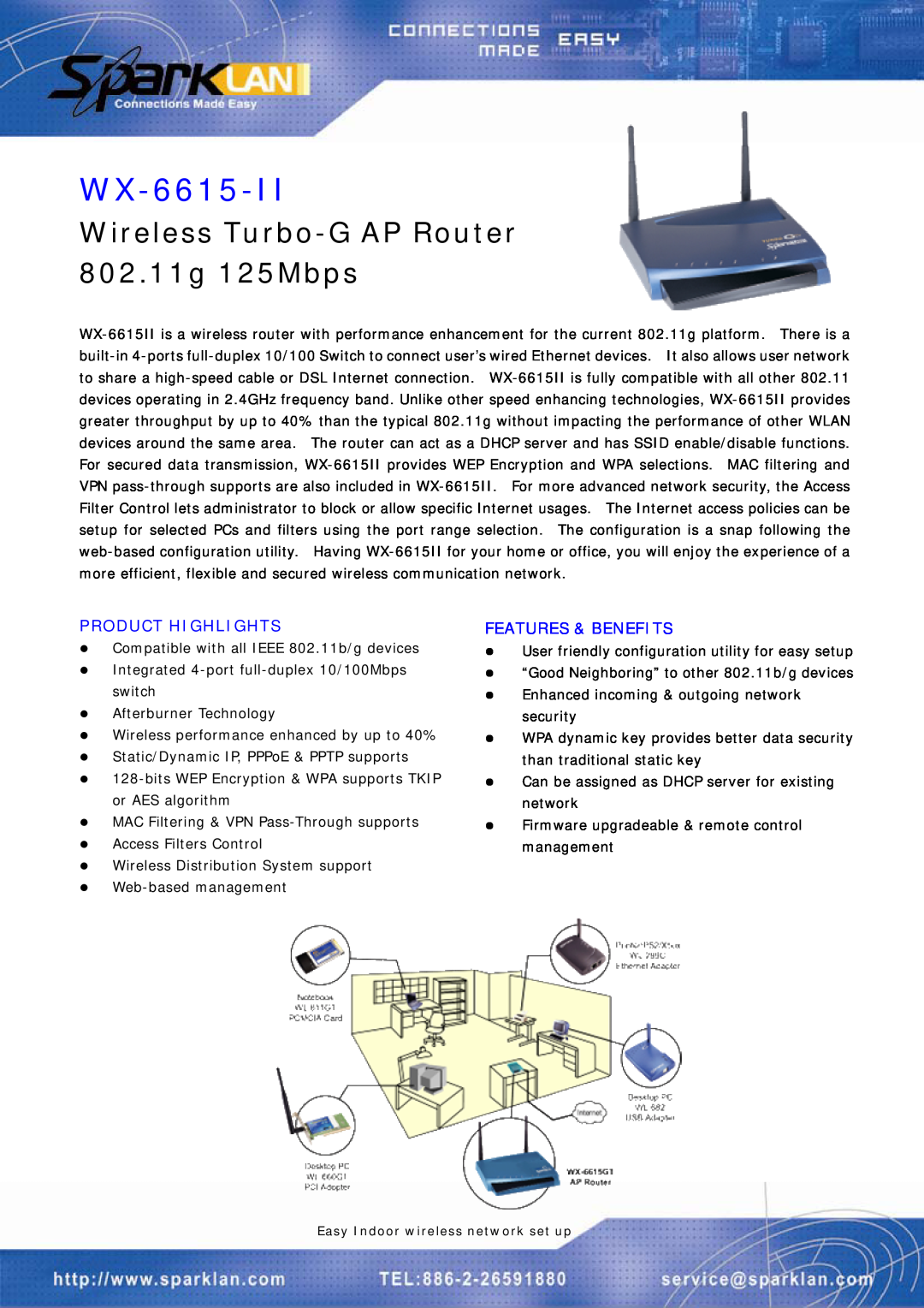 Spark Tech WX-6615-II manual Product Highlights, Features & Benefits, Wireless Turbo-G AP Router 802.11g 125Mbps 