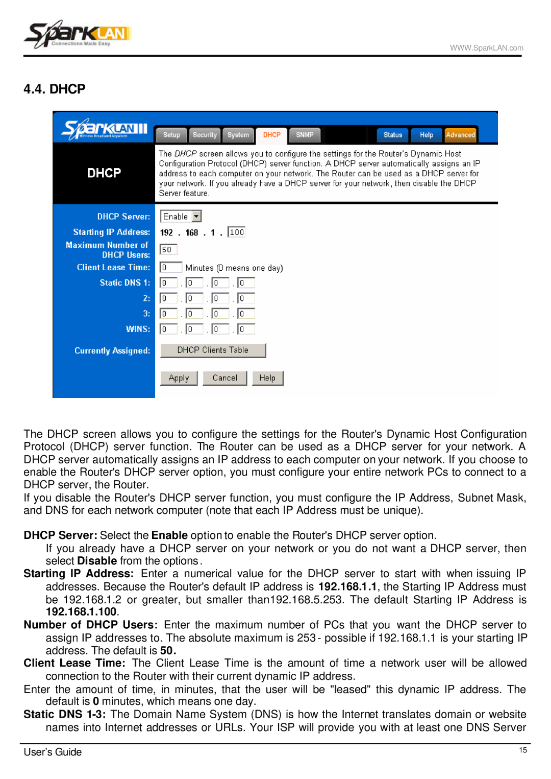 Spark Tech WX-6615 manual Dhcp, 192.168.1.100 