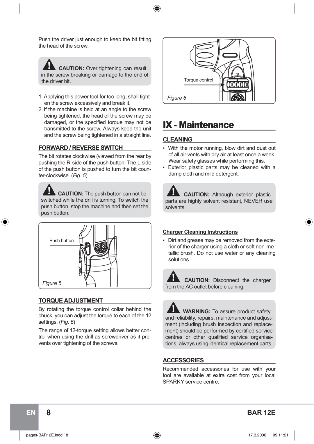 Sparky Group BAR 12E manual IX Maintenance, Forward / Reverse Switch, Torque Adjustment, Cleaning, Accessories 