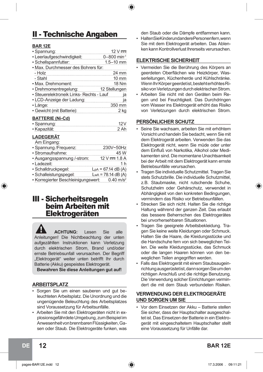 Sparky Group BAR 12E manual Arbeitsplatz, Elektrische Sicherheit, Persönlicher Schutz, Batterie Ni-Cd 