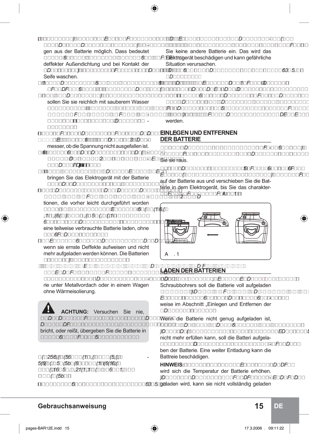 Sparky Group BAR 12E manual Einlegen UND Entfernen DER Batterie, Laden DER Batterien 