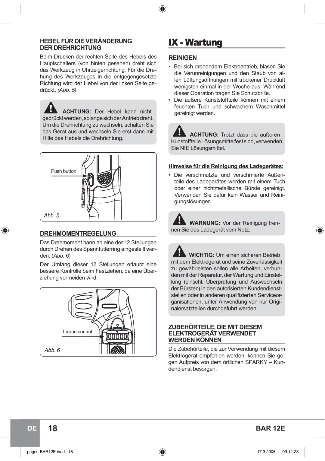 Sparky Group BAR 12E manual IX Wartung, Drehmomentregelung, Reinigen, Hinweise für die Reinigung des Ladegerätes 