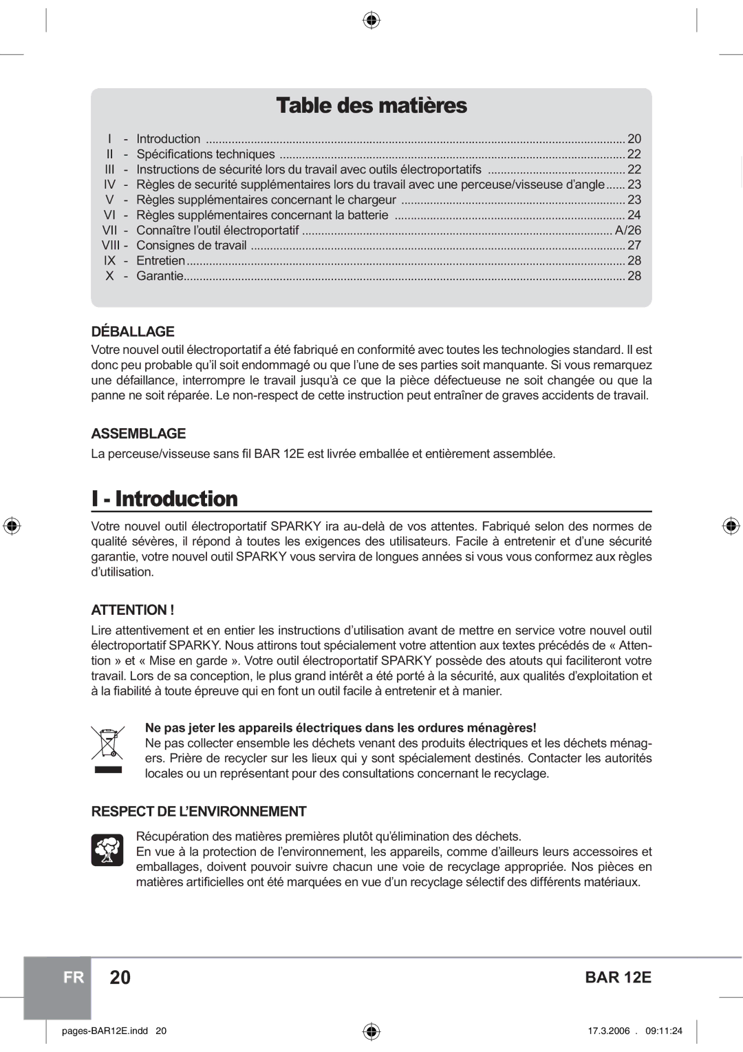 Sparky Group BAR 12E manual Table des matières, Déballage, Assemblage, Respect DE L’ENVIRONNEMENT 