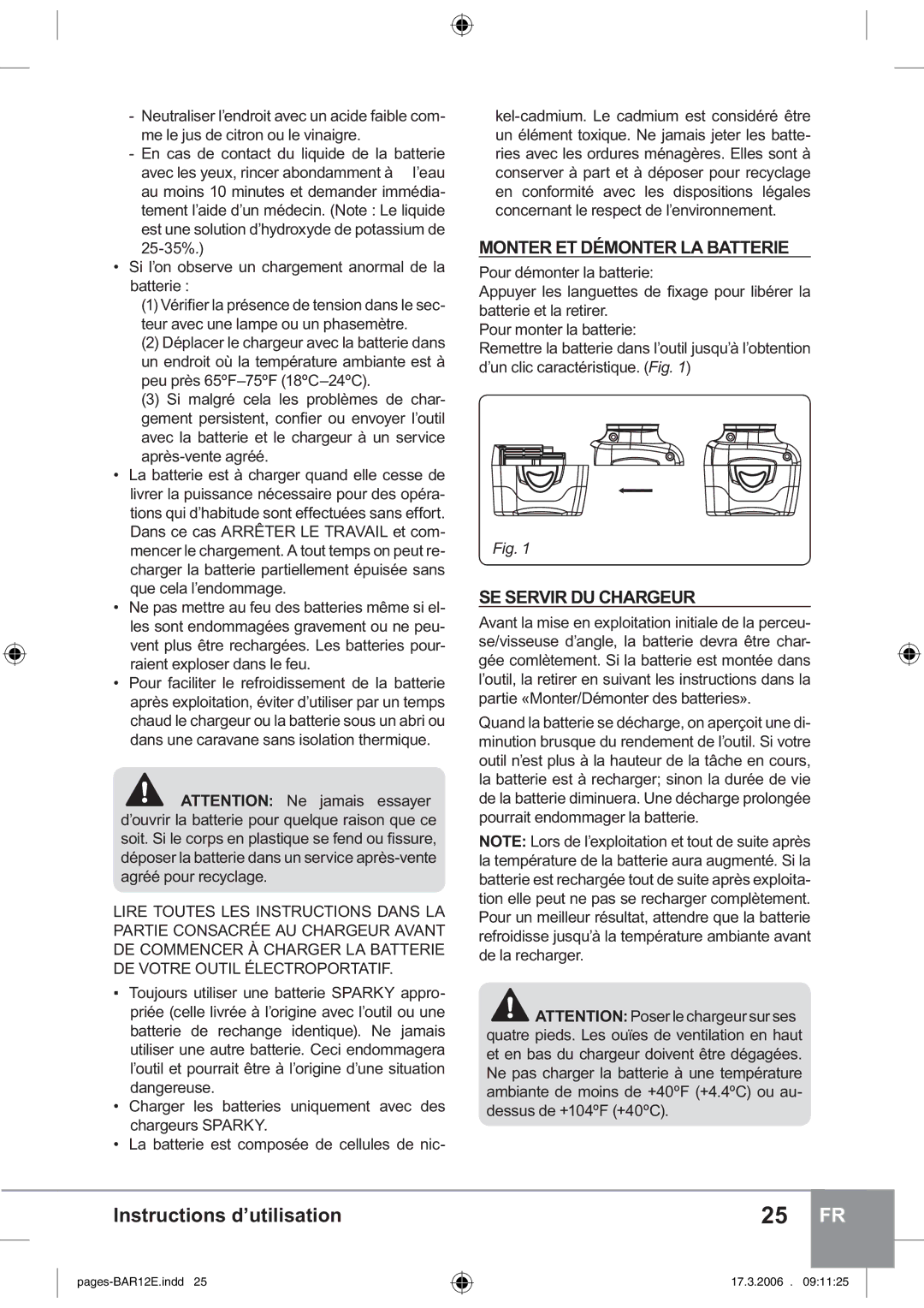 Sparky Group BAR 12E manual Monter ET Démonter LA Batterie, SE Servir DU Chargeur 