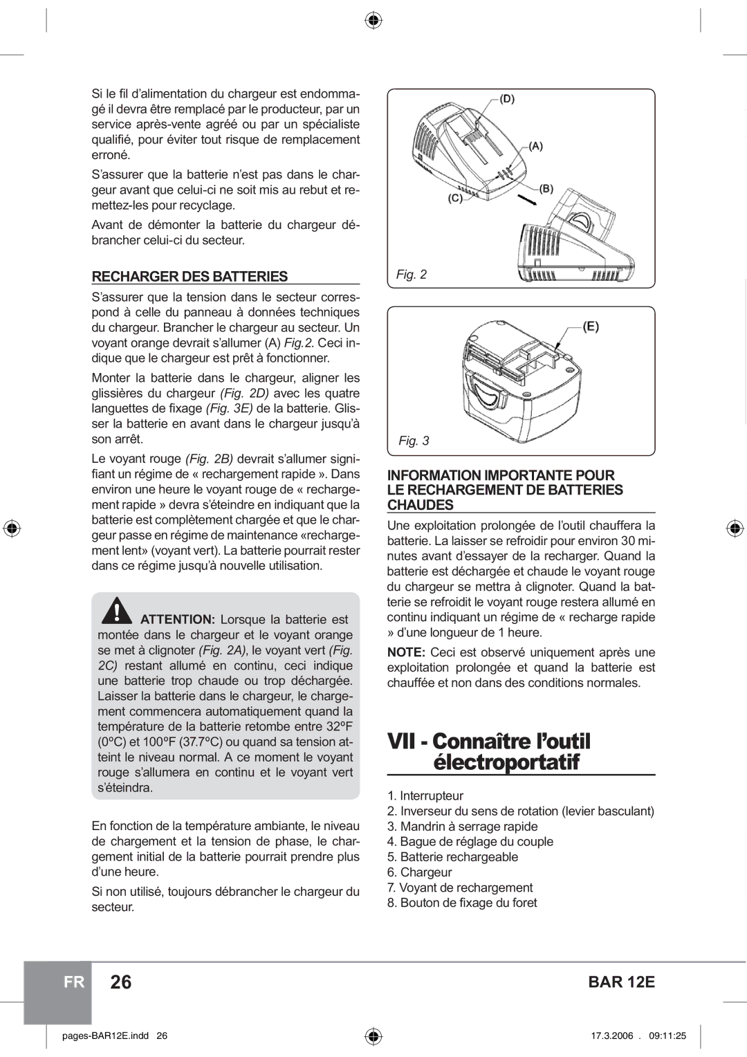 Sparky Group BAR 12E manual Recharger DES Batteries, Secteur, Interrupteur 