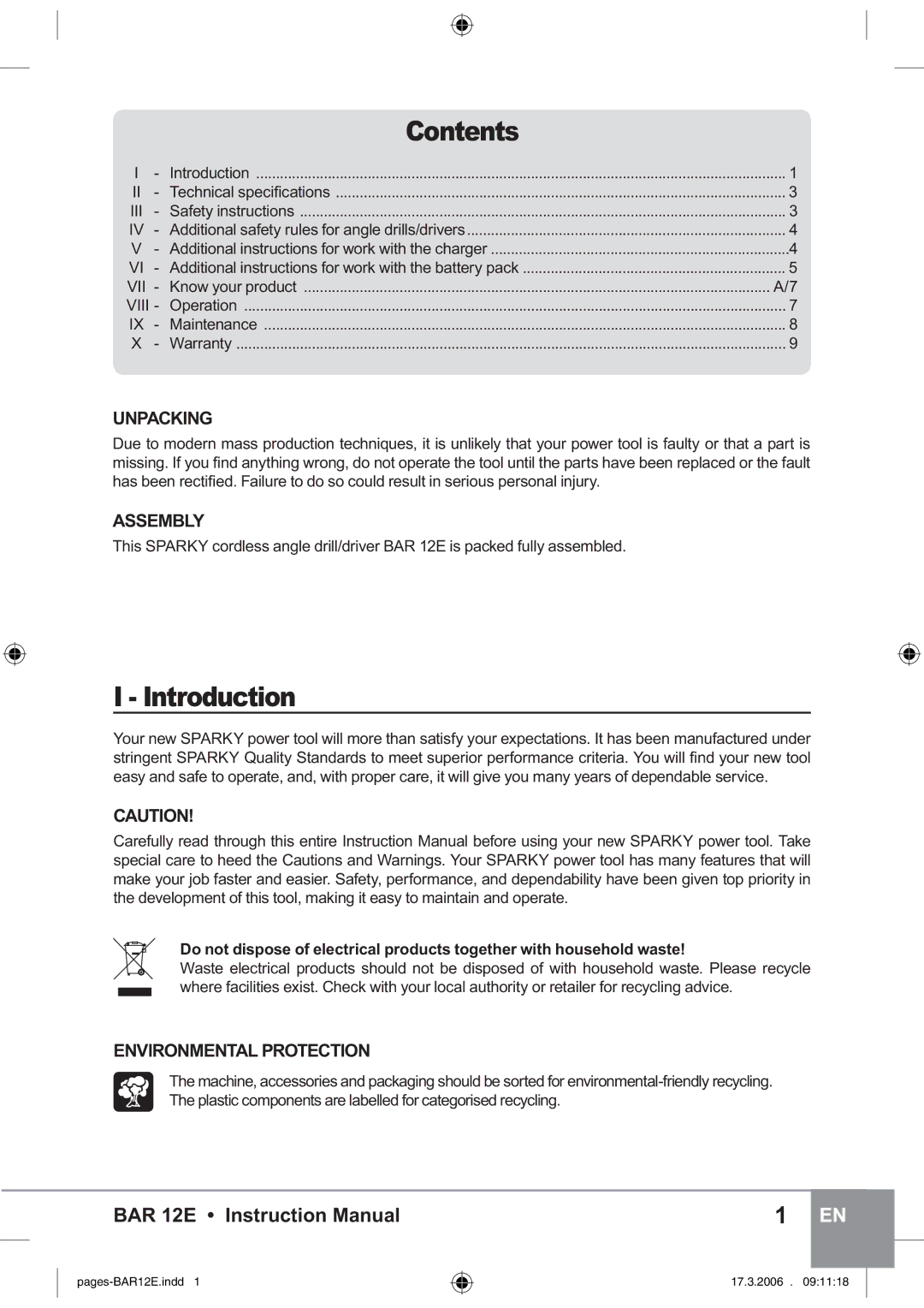 Sparky Group BAR 12E manual Contents, Introduction 