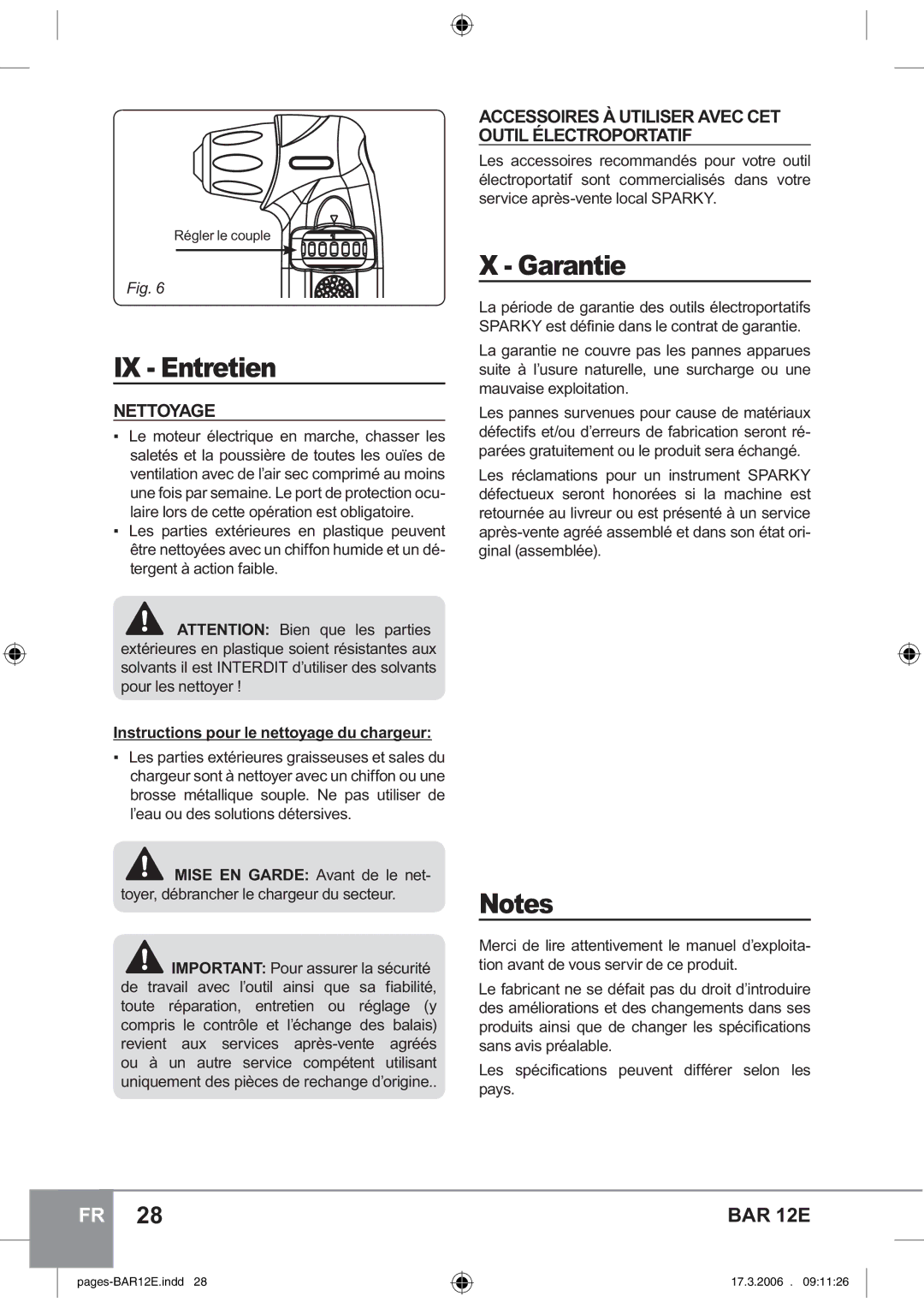 Sparky Group BAR 12E manual IX Entretien, Nettoyage, Accessoires À Utiliser Avec CET Outil Électroportatif 