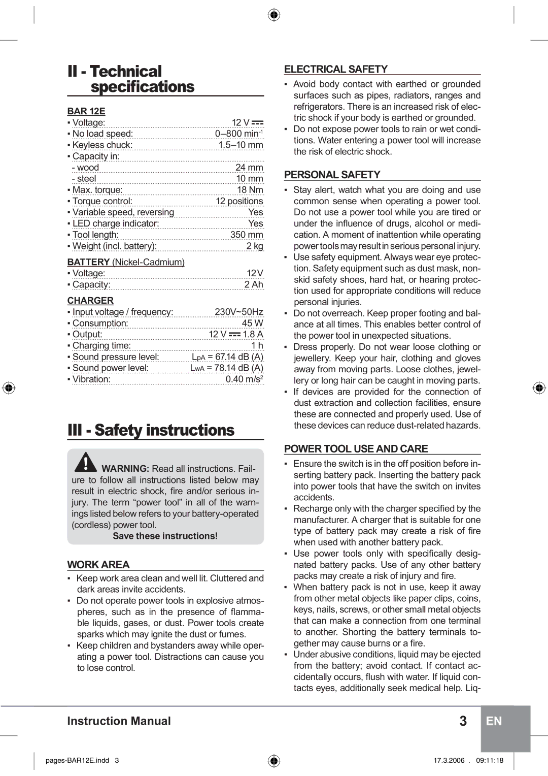 Sparky Group BAR 12E manual II Technical, III Safety instructions 