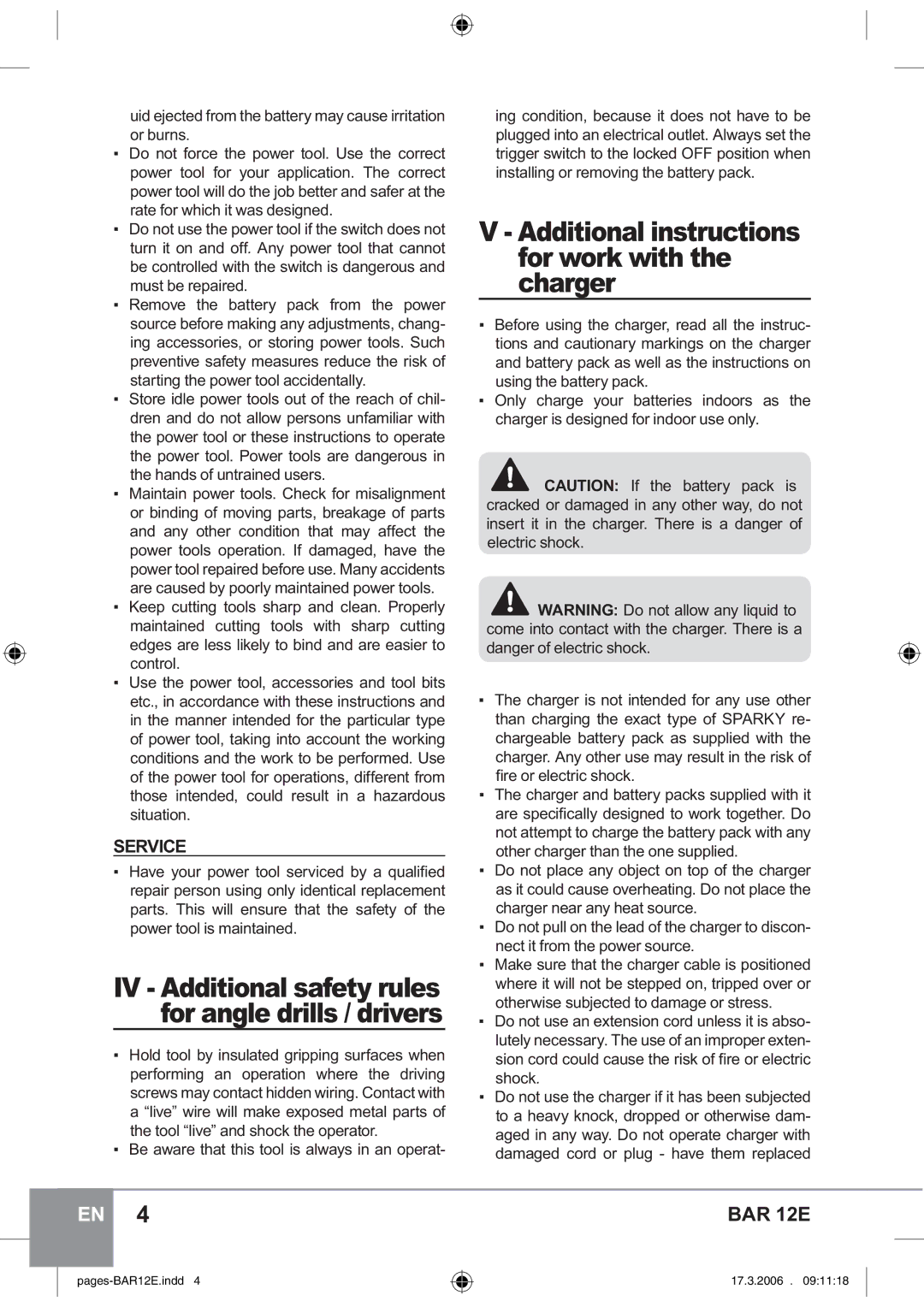 Sparky Group BAR 12E manual IV Additional safety rules for angle drills / drivers, Service 