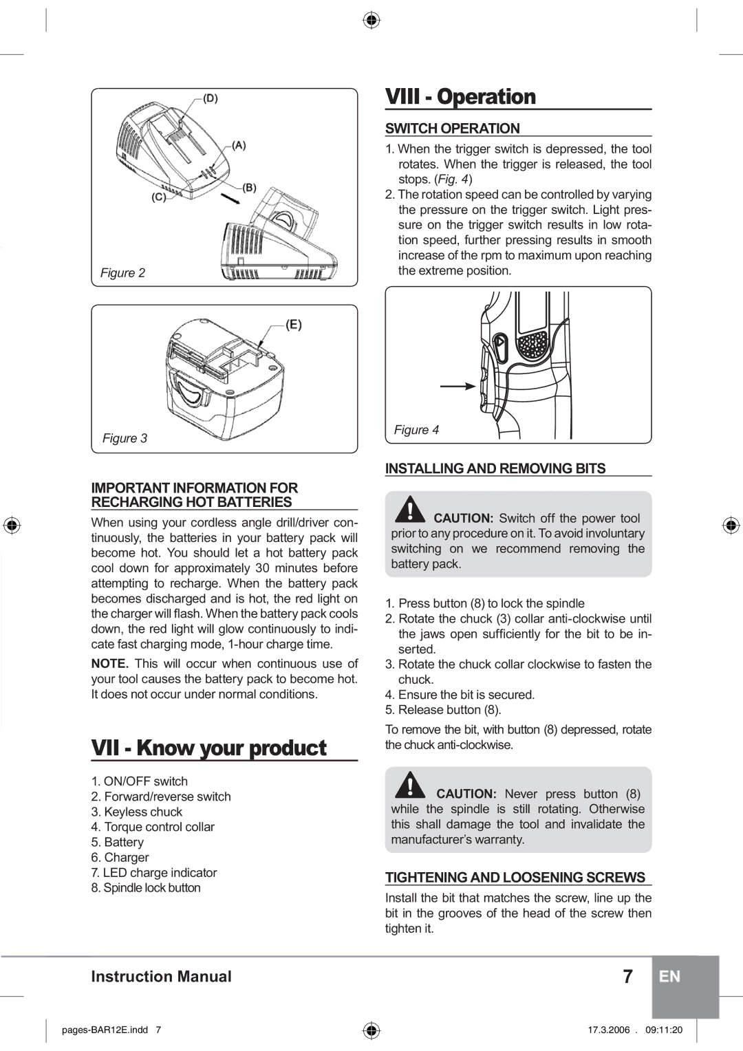 Sparky Group BAR 12E manual VII Know your product, Viii Operation, Switch Operation, Installing and Removing Bits 