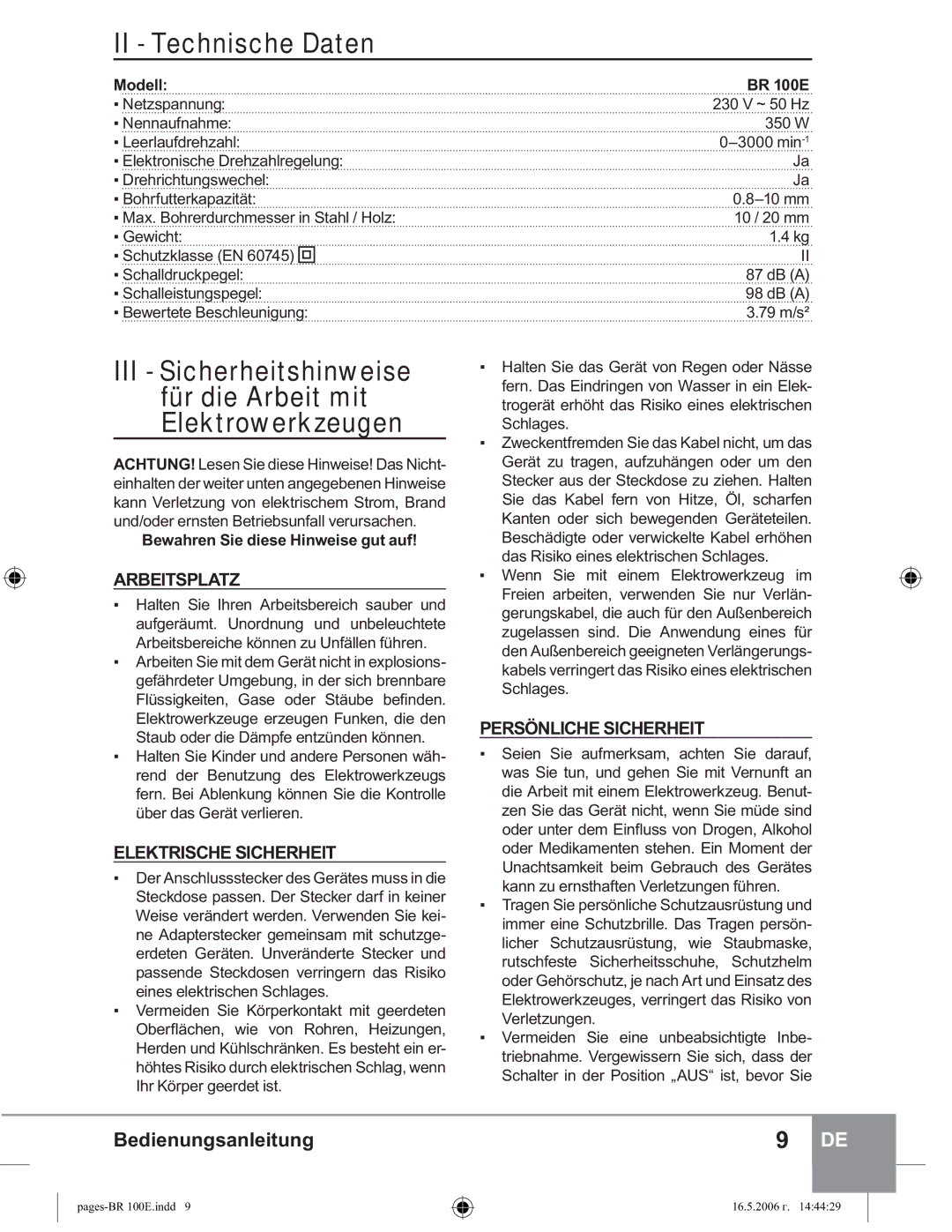 Sparky Group BR 100E manual II Technische Daten, Arbeitsplatz, Elektrische Sicherheit, Persönliche Sicherheit 