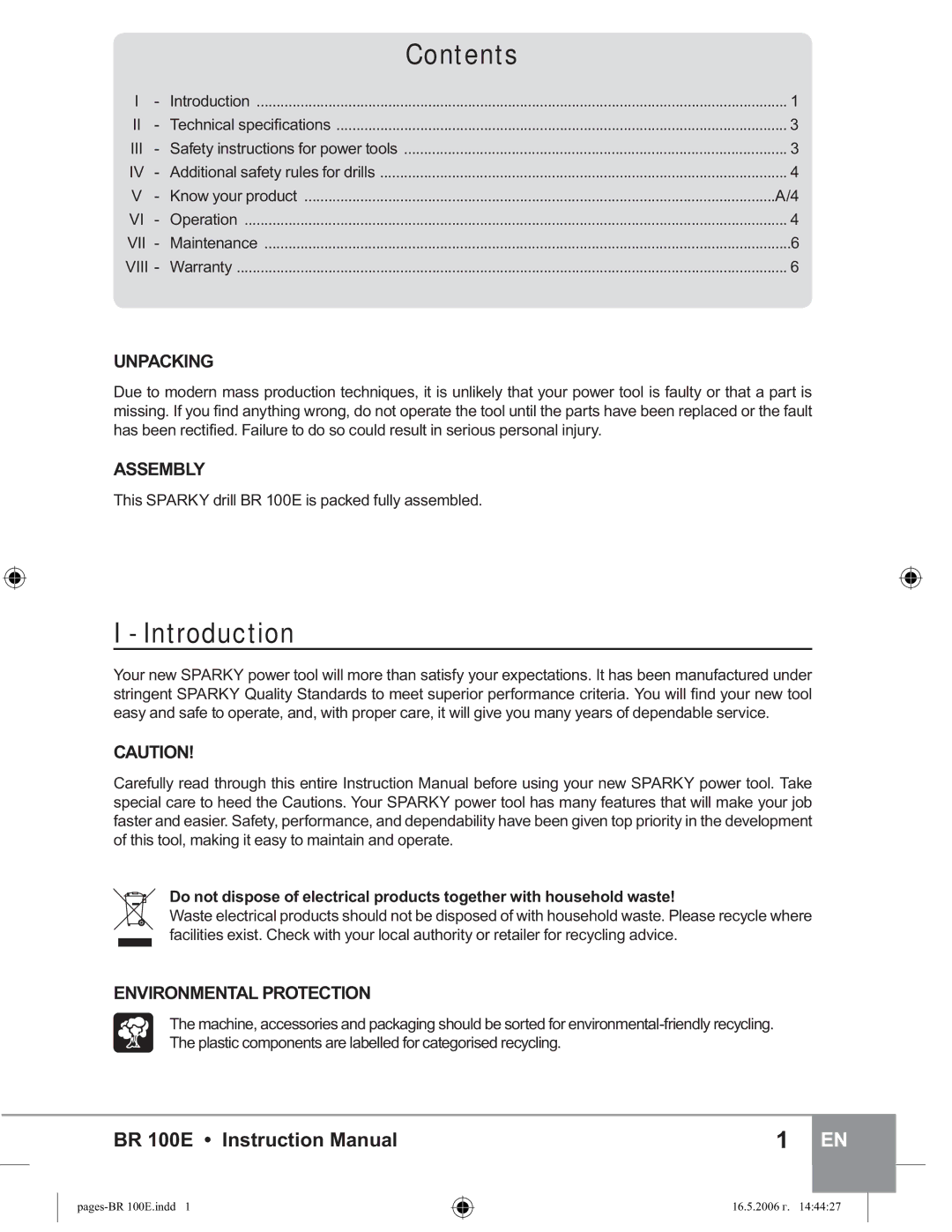 Sparky Group BR 100E manual Introduction, Contents 