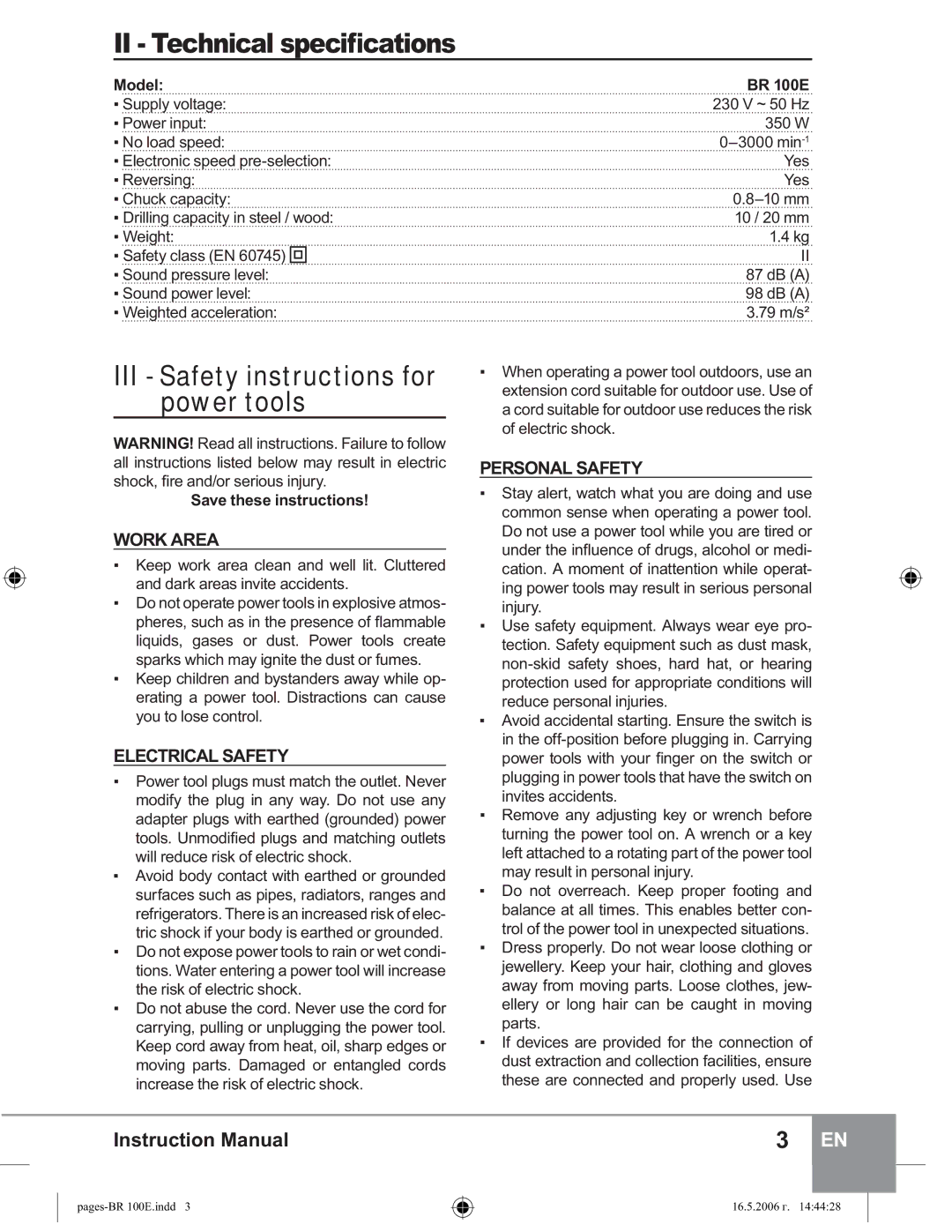 Sparky Group BR 100E manual Work Area, Electrical Safety, Personal Safety, Model 