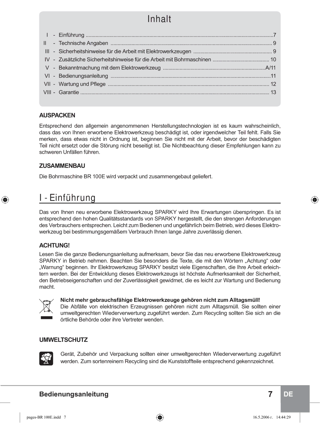 Sparky Group BR 100E manual Inhalt, Einführung 