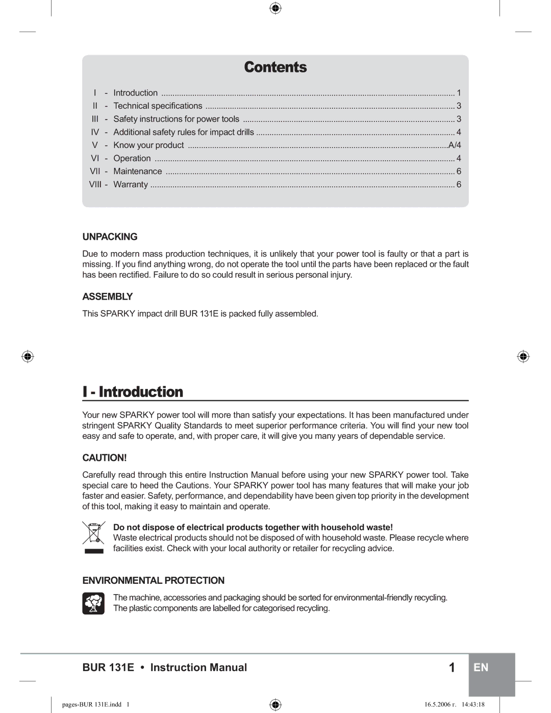 Sparky Group BUR 131E manual Contents, Introduction 