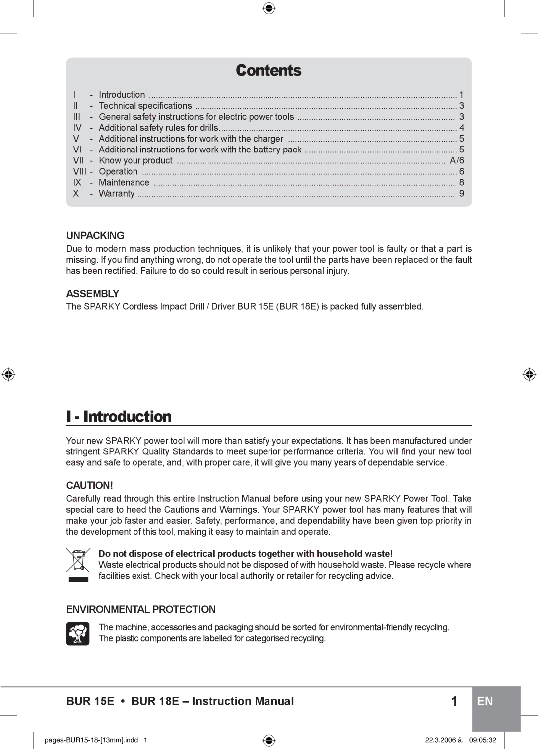 Sparky Group BUR 15E instruction manual Contents, Introduction 