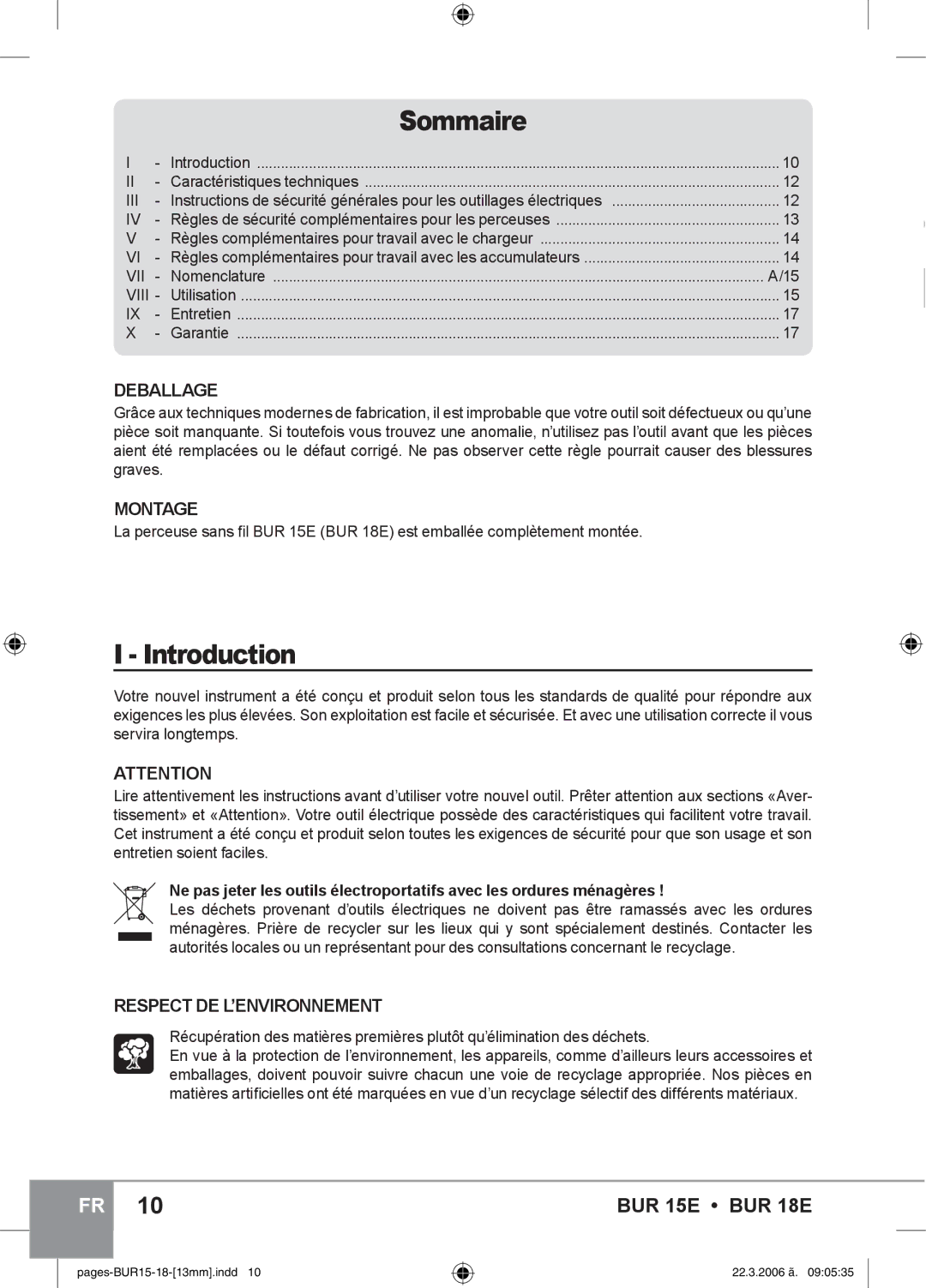 Sparky Group BUR 15E instruction manual Sommaire, Deballage, Montage, Respect DE L’ENVIRONNEMENT 