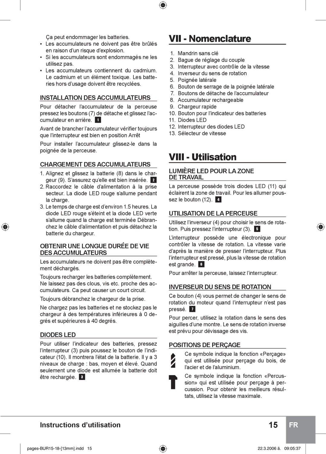 Sparky Group BUR 15E instruction manual VII Nomenclature, Viii Utilisation 